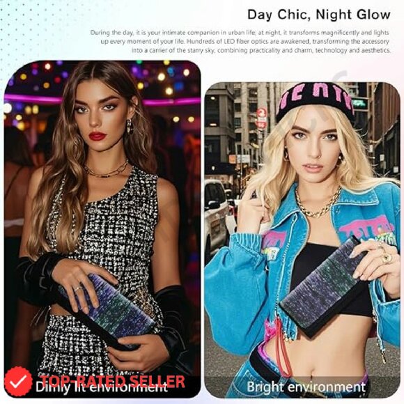 LED Light Up Clutch Purse Rechargeable Holographic Evening Bag Chain Strap - Picture 6 of 7